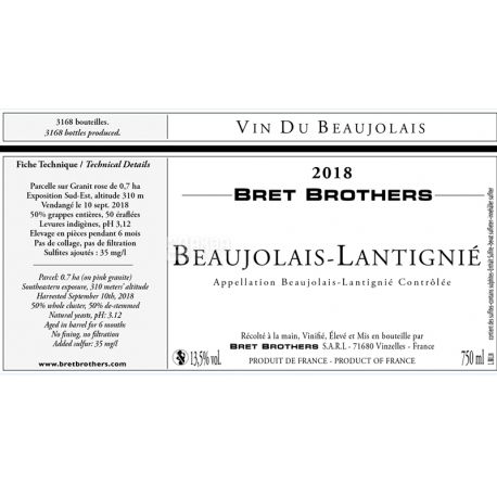 Bret Brothers Beaujolais-Lantignie, 0,75 л, Вино красное сухое