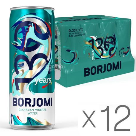 Borjomi, 0,33 л, Упаковка 12 шт., Боржоми, Вода минеральная сильногазированная, ж/б