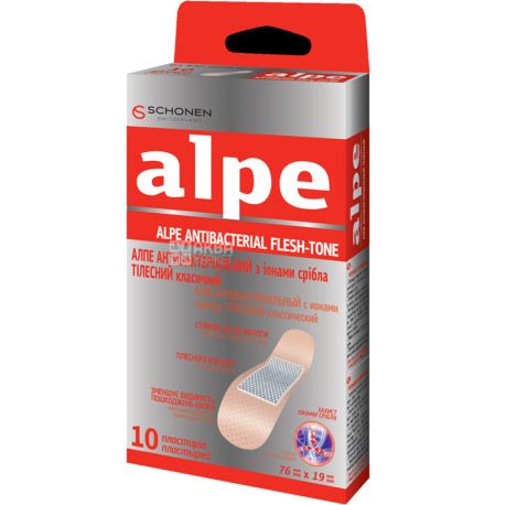 Alpe, Antibacterial Flesh-tone, 10 шт., Пластир антибактеріальний, класичний, тілесного кольору, 76 мм х 19 мм