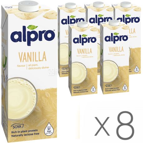 Alpro, Soya Vanilla, Упаковка 8 шт. по 1 л, Алпро, Соевое молоко с ванилью, витаминизированное