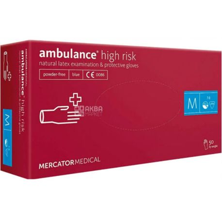 Mercator Medical, Ambulance High Risk, 50 шт, Рукавички латексні нестерильні, непудровані, сині, розмір M