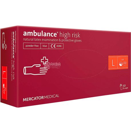 Mercator Medical, Ambulance High Risk , 50 шт, Перчатки латексные нестерильные, неопудренные, синие, размер L