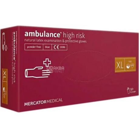 Mercator Medical, Ambulance High Risk, 50 шт, Перчатки латексные нестерильные, неопудренные, синие, размер XL