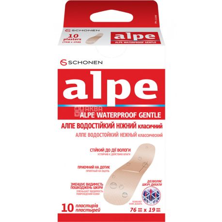 Alpe, Waterproof Gentle, 10 шт., Пластир водостійкий, ніжний, класичний, 76 мм х 19 мм
