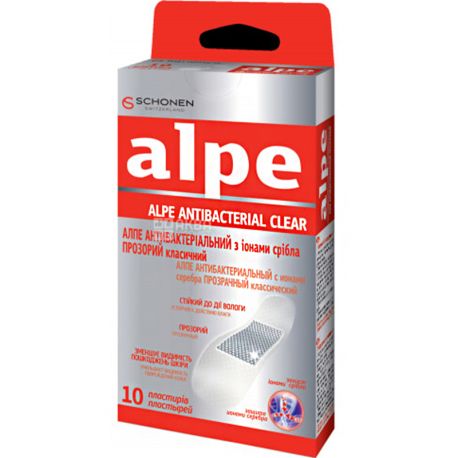 Alpe, Antibacterial Clear, 10 шт., Пластырь антибактериальный, классический, прозрачный, 76 мм х 19 мм