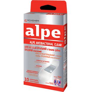 Alpe, Antibacterial Clear, 10 шт., Пластир антибактеріальний, класичний, прозорий, 76 мм х 19 мм