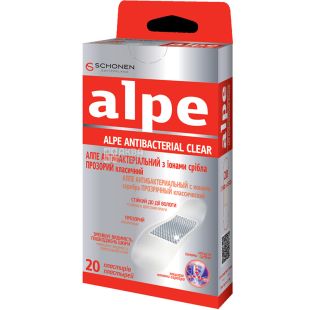 Alpe, Antibacterial Clear, 20 шт., Пластир антибактеріальний, класичний, прозорий, 76 мм х 19 мм