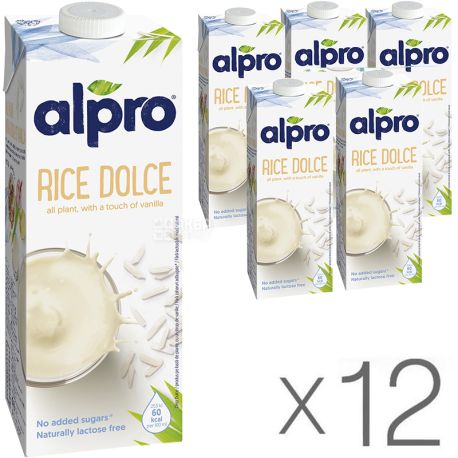 Alpro, Rice Dolce, Упаковка 12 шт. по 1 л, Алпро, Рисове молоко, без лактози, вітамінізоване