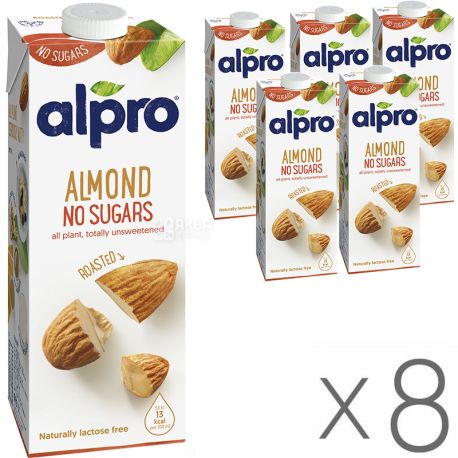 Alpro Almond Unsweetened, Упаковка 8 шт. по 1 л, Алпро, Мигдалеве молоко без цукру та лактози, вітамінізоване