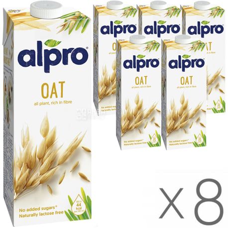 Alpro, Oat Original, Упаковка 8 шт. по 1 л, Алпро, Вівсяне молоко, оригінальне, вітамінізоване
