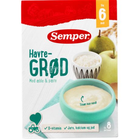 Semper, 250 g, Milk oat porridge, with apple and pear, 6+