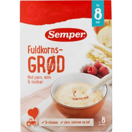 Semper, 250 g, Whole grain milk porridge, with pear, apple and raspberry, 8+
