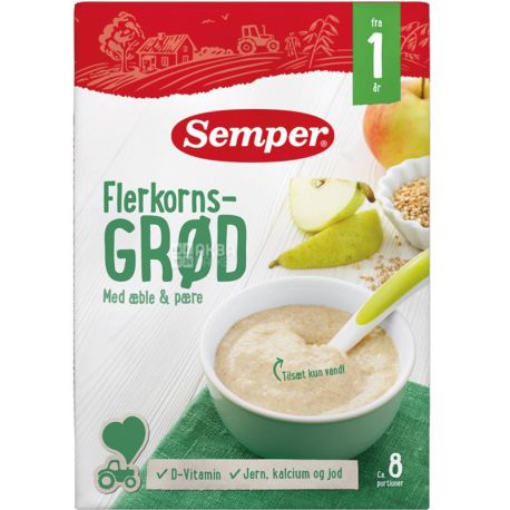 Semper, 250 г, Каша молочная многозерновая, с яблоком и грушей, 12+