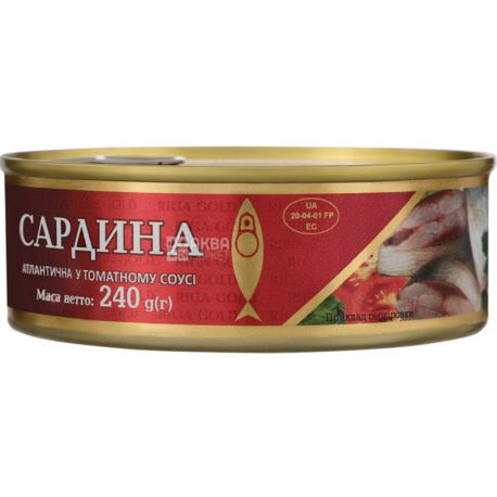 Riga gold, 240 g, Canned fish, Atlantic sardine, in tomato sauce No. 3