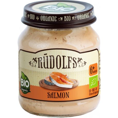 Rudolfs, 115 г, Рыбное пюре, Лосось, органическое, с 6 - ти месяцев