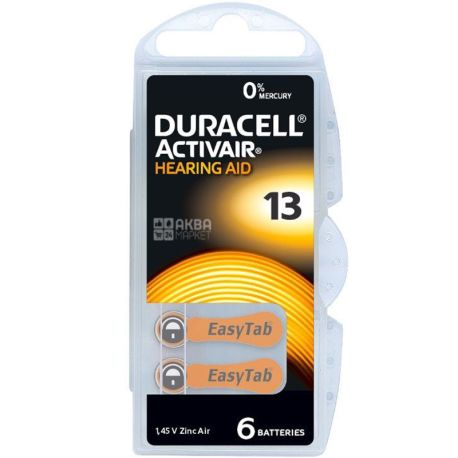 Duracell, Hearing Aid, 6 шт., Батарейки для слухового аппарата, размер 13