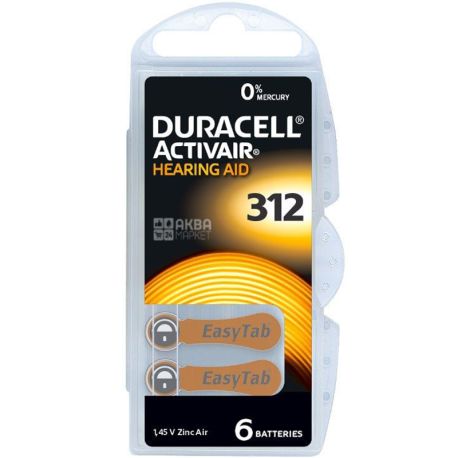 Duracell, Hearing Aid, 6 шт., Батарейки для слухового аппарата, размер 312