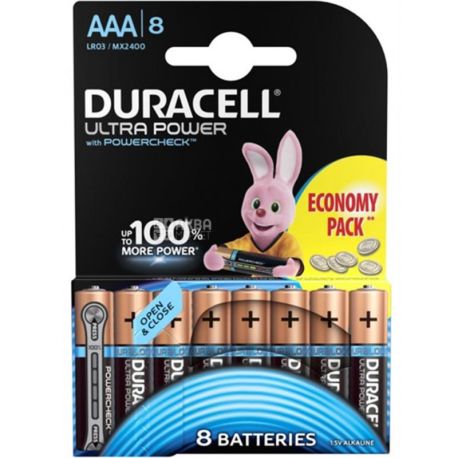 Duracell, Ultra Power LR03, 8 шт., Батарейка алкалиновая, 1.5V, ААА