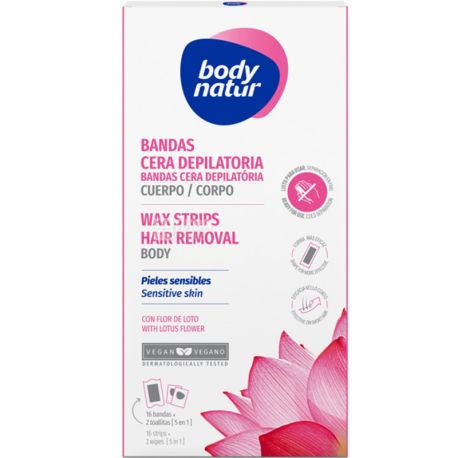 Body Natur, Wax Strips for Body Sensitive Skin, 16 полосок + 2 салфетки, Восковые полоски для депиляции тела