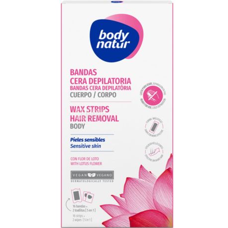 Body Natur, Wax Strips for Body Sensitive Skin, 16 смужок + 2 серветки, Воскові смужки для депіляції тіла