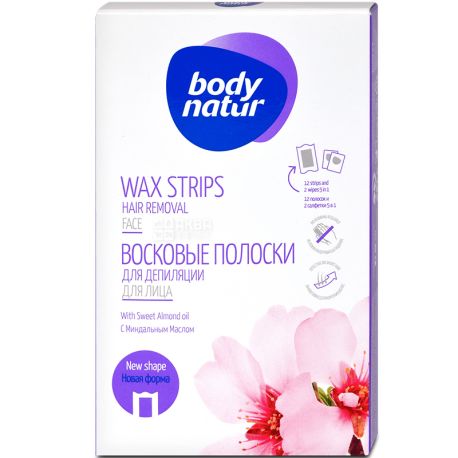 Body Natur Wax Strips for Face, 12 Strips + 2 Wipes, Face Depilatory Wax Strips