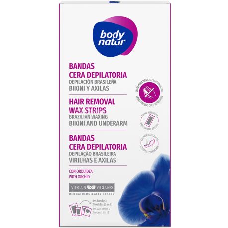 Body Natur Wax Strips Bikini-Underarms, 12 полосок + 2 салфетки, Восковые полоски для зоны подмышек и бикини