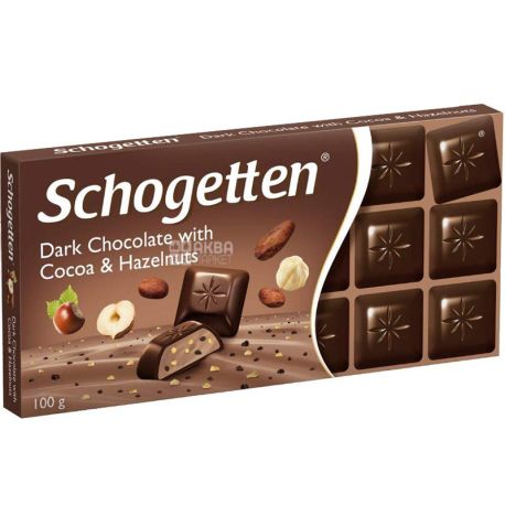 Schogetten, Cocoa & Hazelnuts, 100 г, Шоколад черный, с какао и лесным орехом