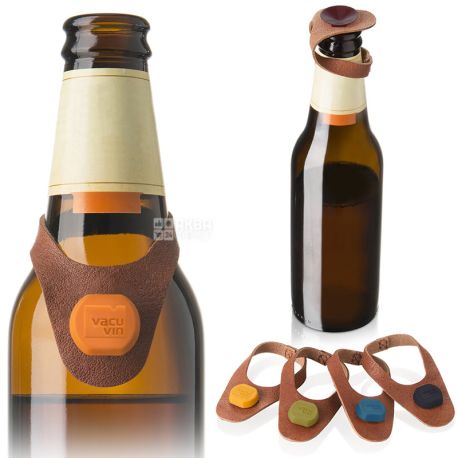Vacu Vin, 6 pcs, Beer bottle marker and stopper, leather, multicolored