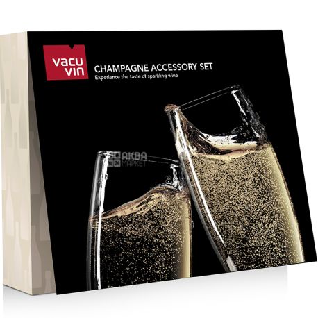 Vacu Vin, Champagne Accessory Set, Подарунковий набір для ігристого вина + 2 келихи для шампанського