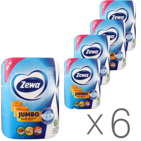 Zewa, Design Jumbo, Упаковка 6 шт. х 1 рул., Рушники паперові Зева Дизайн Джамбо, 2-шарові, 81 м, 325 аркушів, 16х16 см