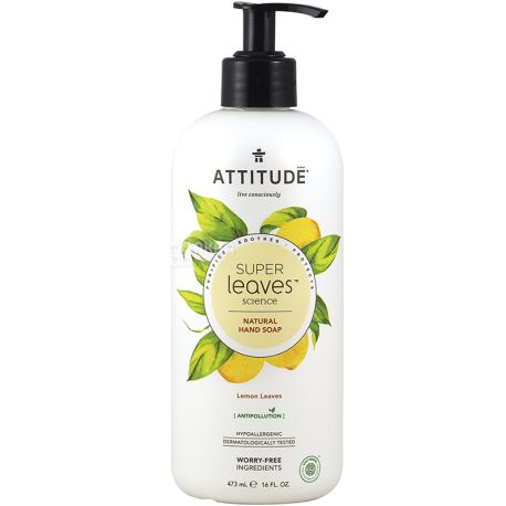Attitude, Super Leaves, 473 мл, Жидкое мыло для рук, антисептический и антибактериальный уход, лимон