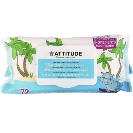 Attitude, 72 шт, Серветки вологі дитячі, для чутливої шкіри