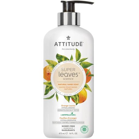 Attitude, Super Leaves, 473 мл, Жидкое мыло для рук, органическое, с ароматом апельсина