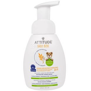 Attitude, Baby-Bebe Sensitive Skin, 250 мл, Пенка для мытья тела и волос детская, гипоаллергенная, эко