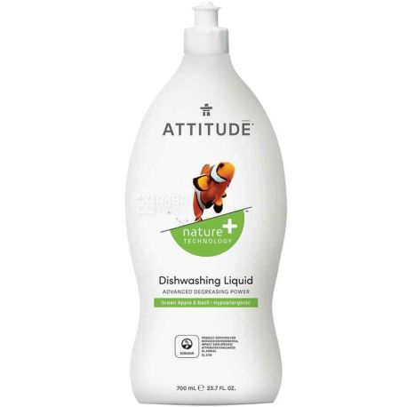 Attitude, Зеленое яблоко и базилик, 700 мл, Средство для мытья посуды, гипоаллергенное, эко