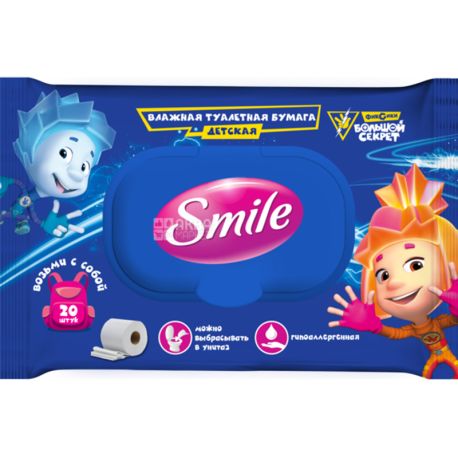 Smile Фиксики, 20 шт, Туалетная бумага влажная детская с клапаном