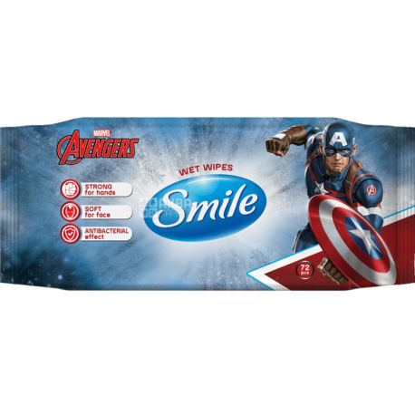 Smile, Marvel, 72 шт., Салфетки влажные антибактериальные, микс