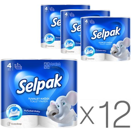 Selpak Super Soft, Упаковка 12 шт. по 4 рул., Туалетная бумага Селпак Супер Софт, 3-х слойная