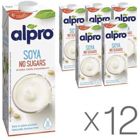 Alpro, Soya Unsweetened, Упаковка 12 шт. по 1 л, Алпро, Соєве молоко, без цукру та лактози, вітамінізоване