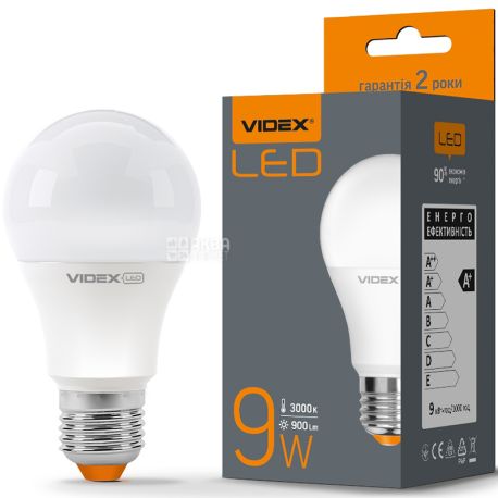 VIDEX LED, Лампа светодиодная, цоколь E27, 9 W, 3000К, 220V, теплое белое свечение, 850 Lm