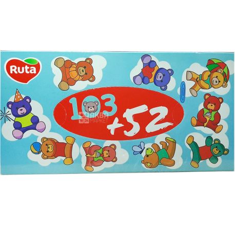 Ruta Kids, 155 шт., Серветки косметичні для дітей Рута, 2-шарові, 20х20 см