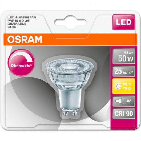 Osram, LED, LED lamp, GU 10 base, 5.9W, 220-240V, warm glow, 2700K, 350lm