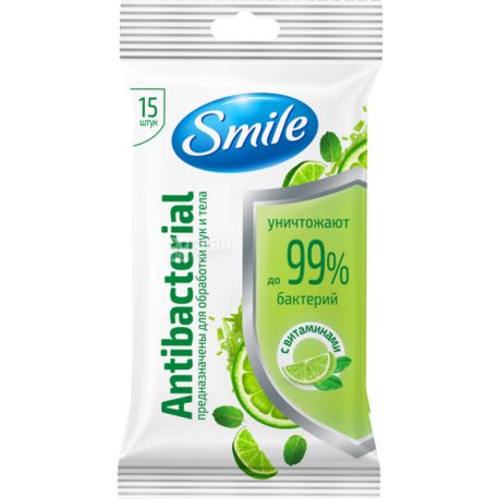 Smile, Antibacterial, 15 шт., Салфетки влажные, в ассортименте