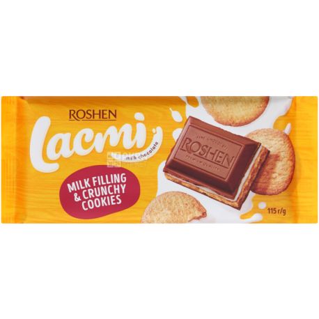 Roshen Lacmi, 115 г, Рошен, Шоколад молочный Лакми, с молочной начинкой и печеньем