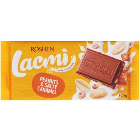 Roshen Lacmi, 90 г, Рошен, Шоколад молочний Лакмі , з арахісом і солоної карамеллю