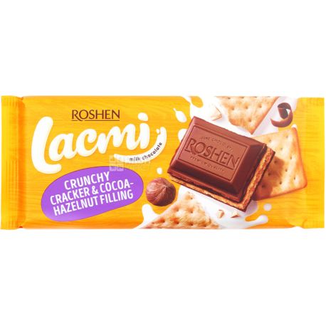 Roshen Lacmi, 115 г, Рошен, Шоколад молочный Лакми, с какао-ореховой начинкой и крекером