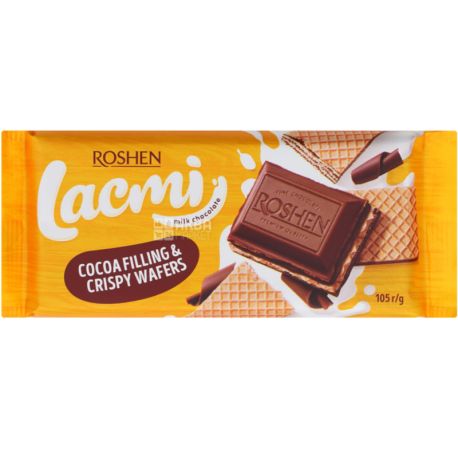 Roshen Lacmi, 105 г, Рошен, Шоколад молочний Лакмі, з шоколадною начинкою і вафлі