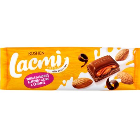 Roshen Lacmi, 300 г, Рошен, Шоколад молочний Лакмі, з цілим мигдалем, мигдальною начинкою і карамеллю