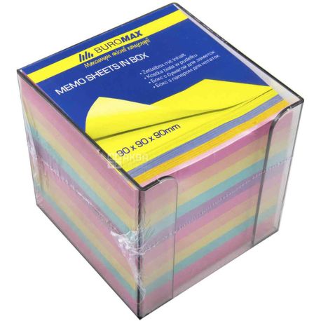Buromax, 1000 л, Бокс з кольоровим папером для заміток, не склеєна, прозорий, 90х90х90 мм