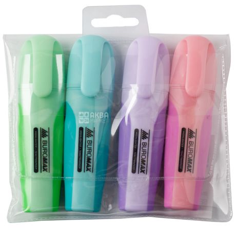 Buromax, Pastel, 4 PCs, Text Markers Set, Rubber Inserts, 2-4 mm